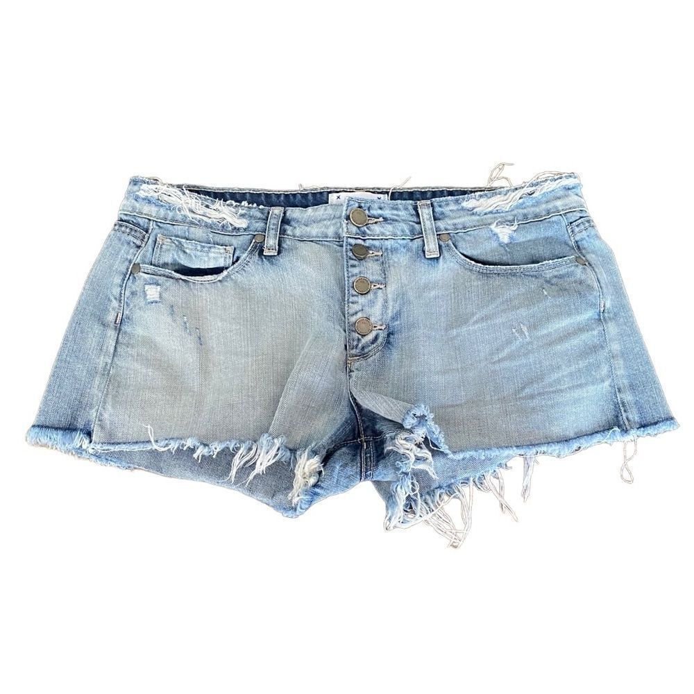 PAIGE Madison Button Front Raw Hem Distressed Shorts Pilot Wash 30 - Picture 2 of 6